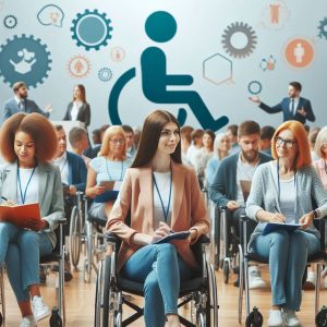 A group of people seated at a conference. The person in the center of the image is seated in a wheelchair.